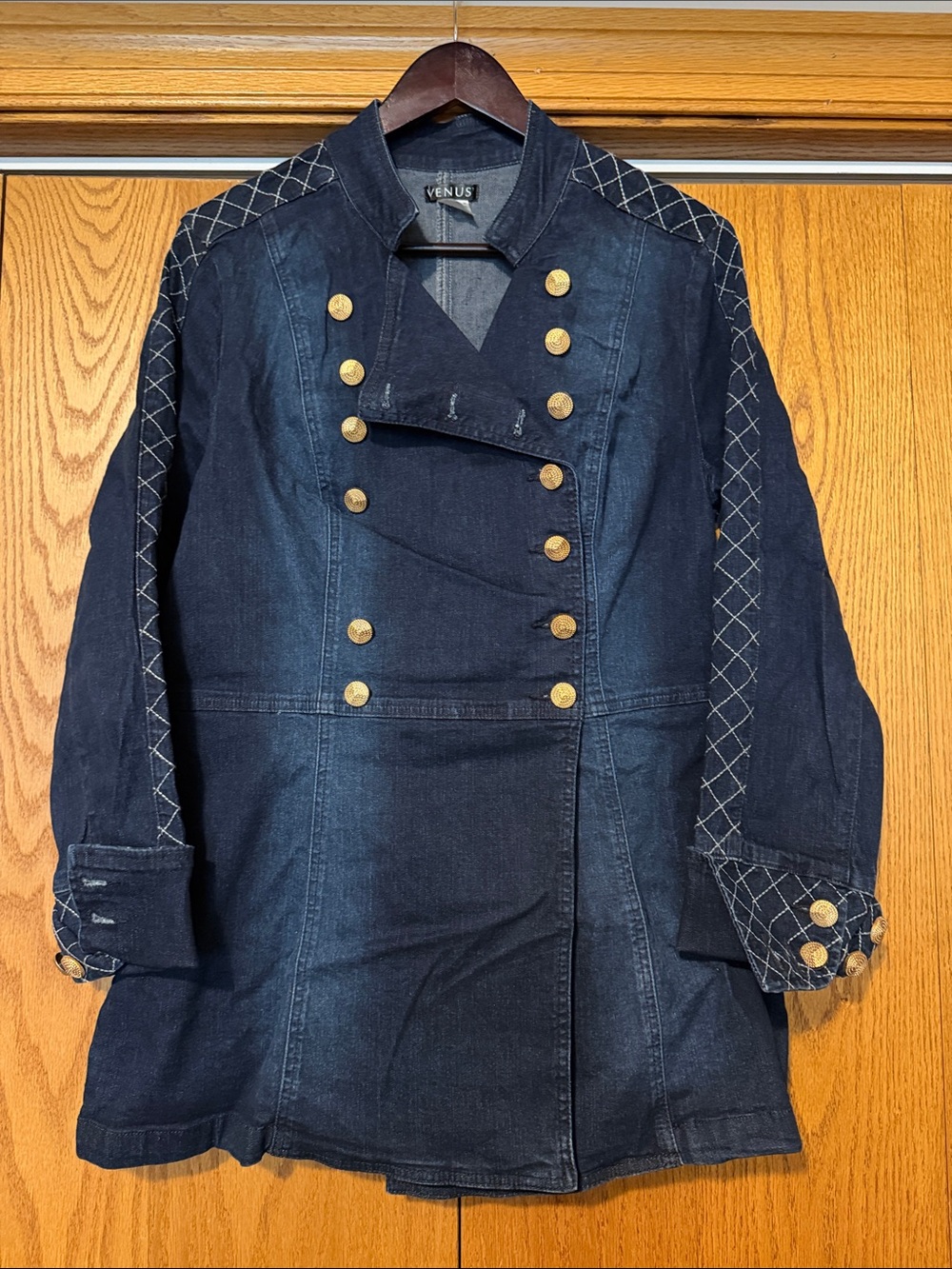 VENUS Navy Military-Style Double-Breasted Coat with Gold Buttons